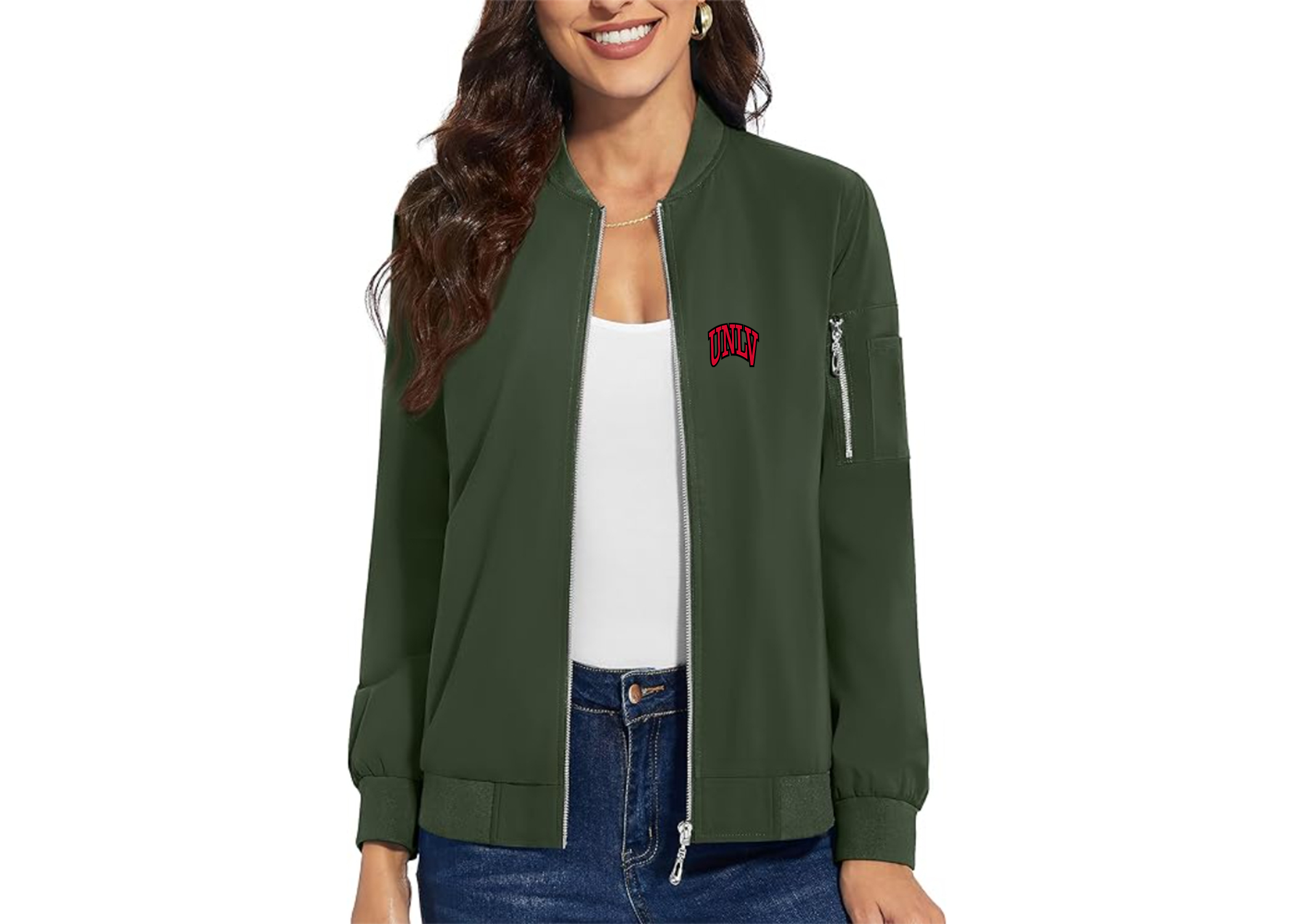 SweatRo Women's UNLV Rebels Premium Bomber Jacket with Polished Detailing and Functional Sleeve Pocket Modern Luxury Outerwear