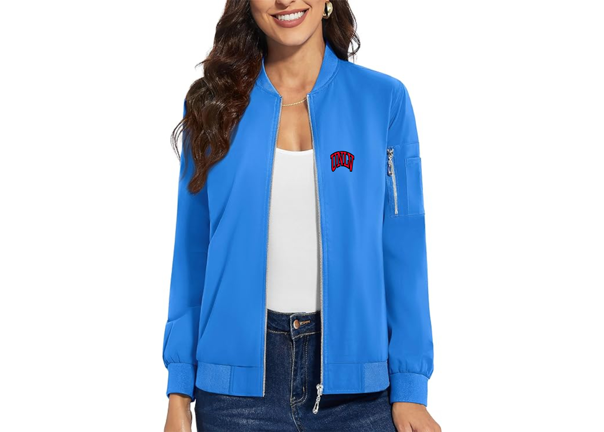 SweatRo Women's UNLV Rebels Premium Bomber Jacket with Polished Detailing and Functional Sleeve Pocket Modern Luxury Outerwear