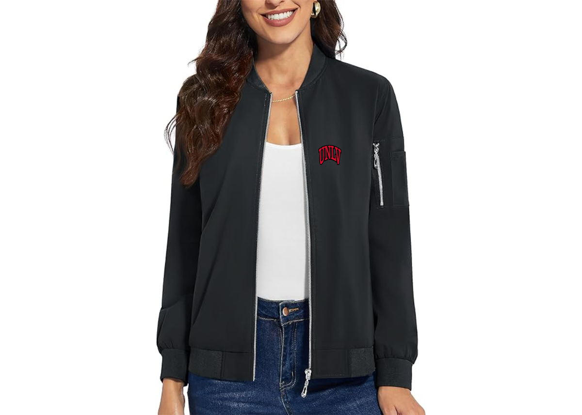 SweatRo Women's UNLV Rebels Premium Bomber Jacket with Polished Detailing and Functional Sleeve Pocket Modern Luxury Outerwear