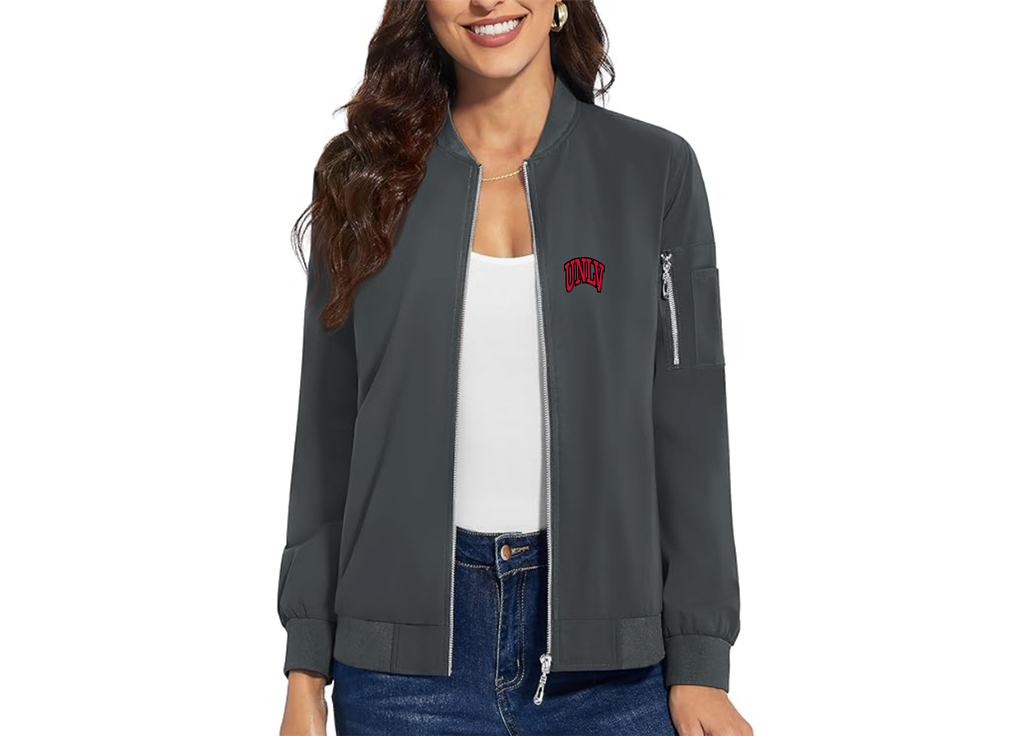 SweatRo Women's UNLV Rebels Premium Bomber Jacket with Polished Detailing and Functional Sleeve Pocket Modern Luxury Outerwear