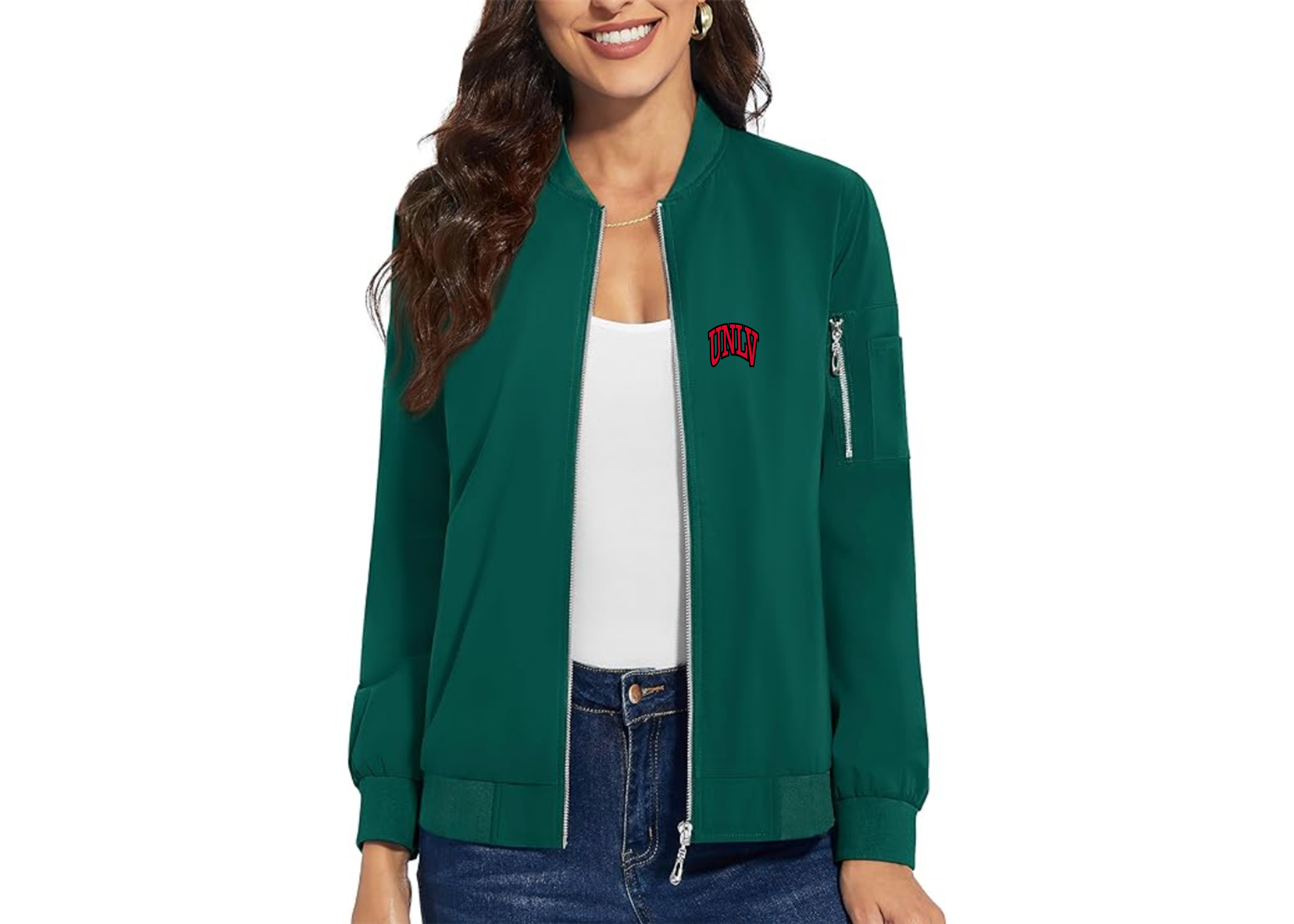 SweatRo Women's UNLV Rebels Premium Bomber Jacket with Polished Detailing and Functional Sleeve Pocket Modern Luxury Outerwear