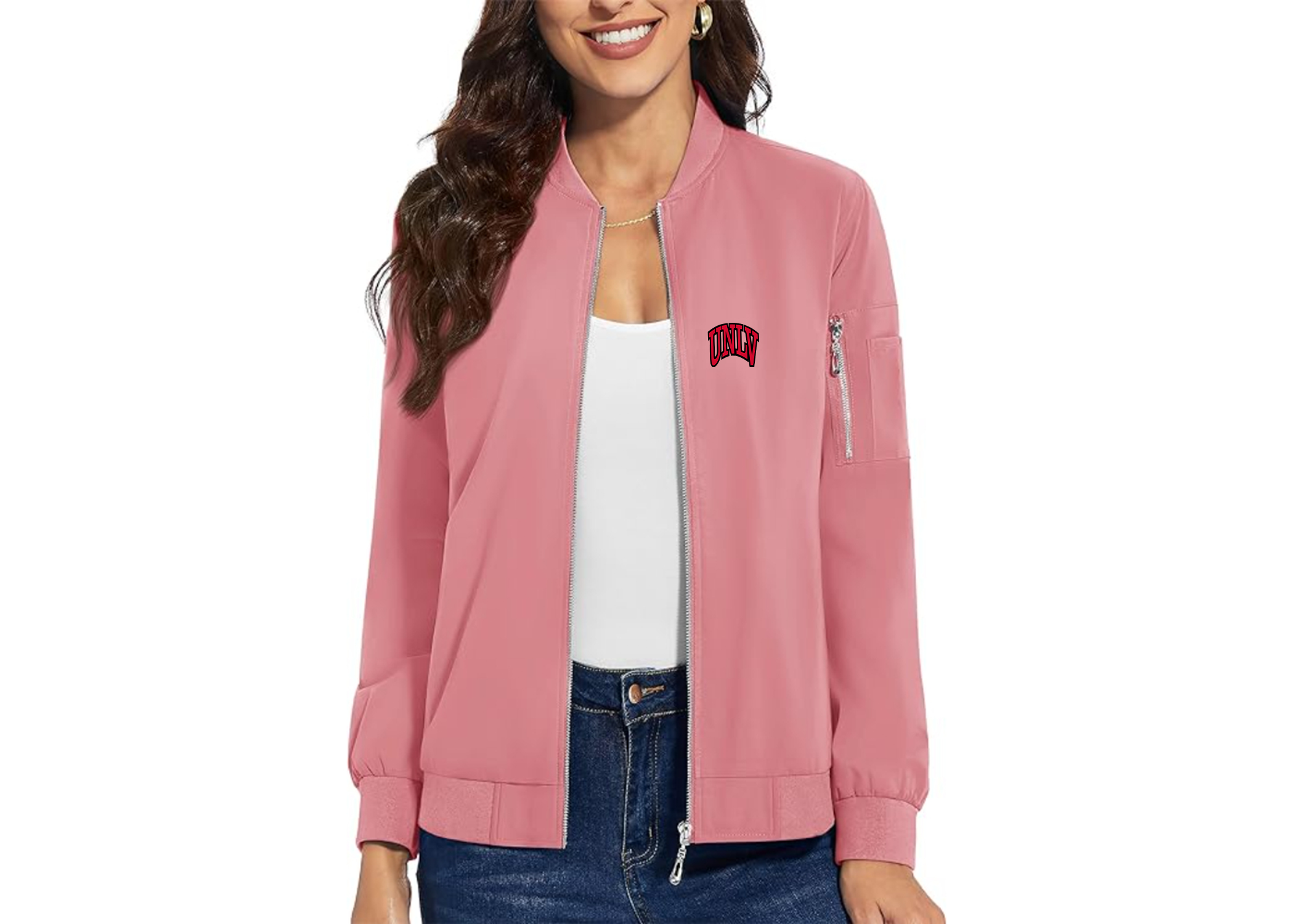 SweatRo Women's UNLV Rebels Premium Bomber Jacket with Polished Detailing and Functional Sleeve Pocket Modern Luxury Outerwear