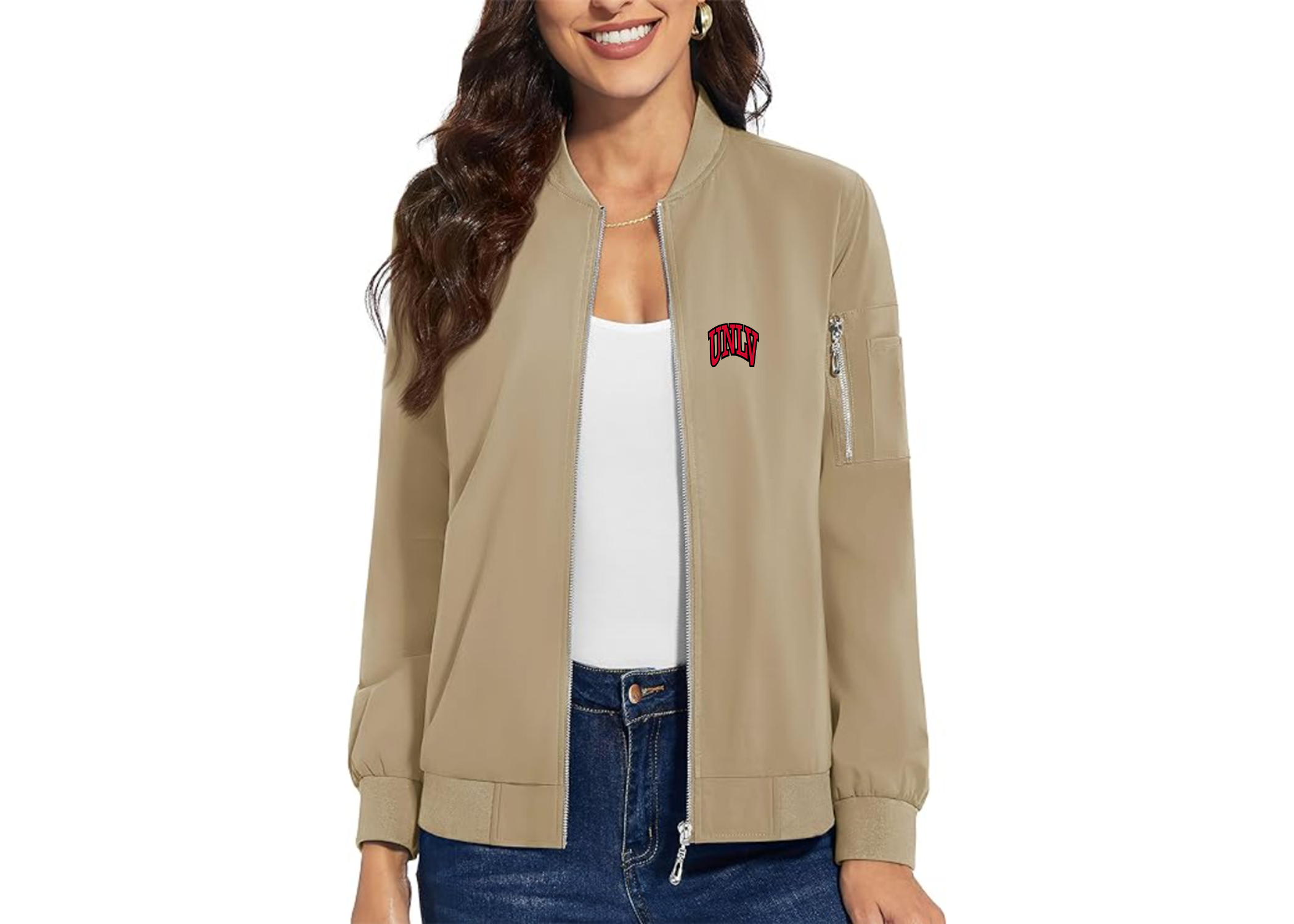 SweatRo Women's UNLV Rebels Premium Bomber Jacket with Polished Detailing and Functional Sleeve Pocket Modern Luxury Outerwear