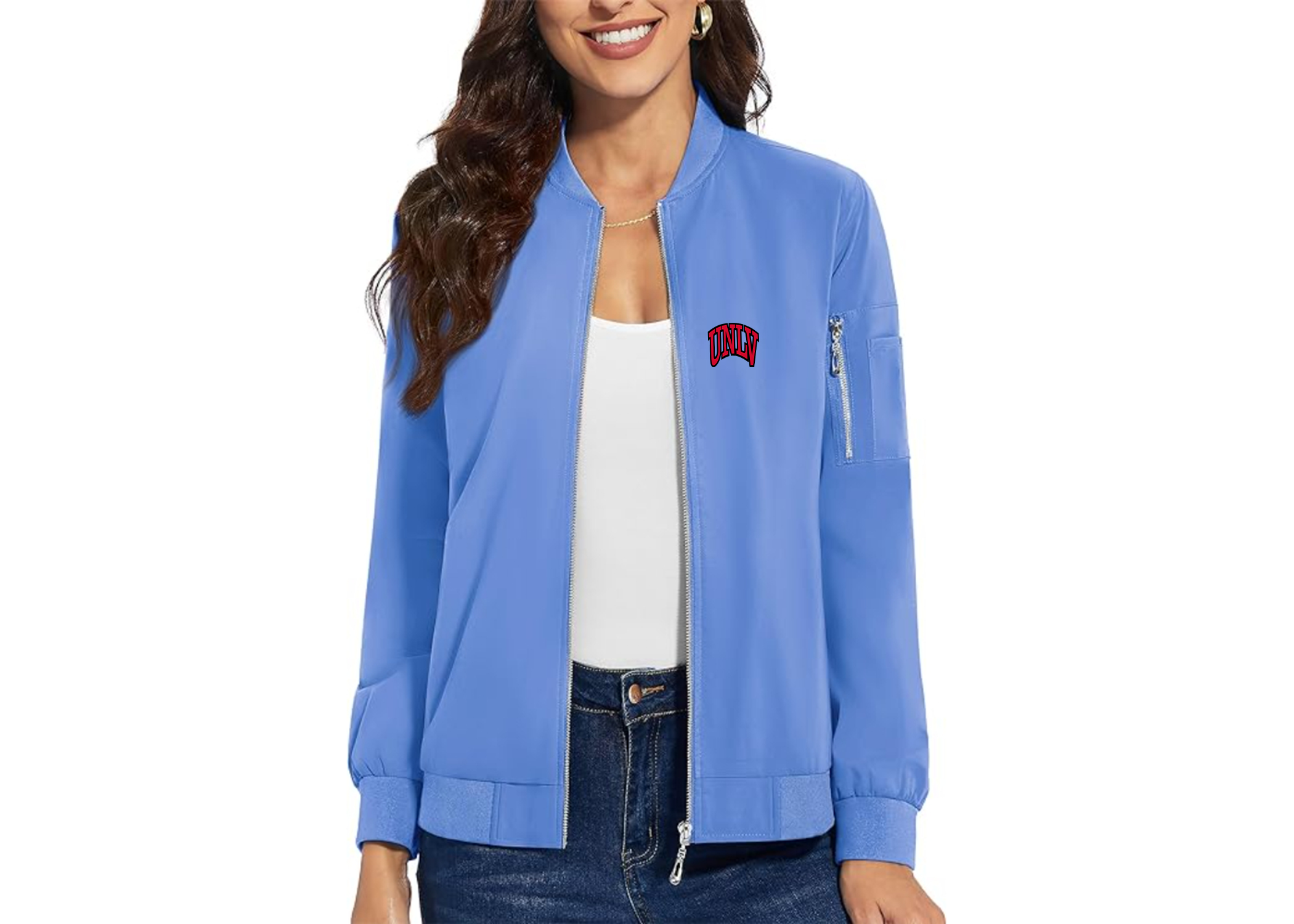SweatRo Women's UNLV Rebels Premium Bomber Jacket with Polished Detailing and Functional Sleeve Pocket Modern Luxury Outerwear