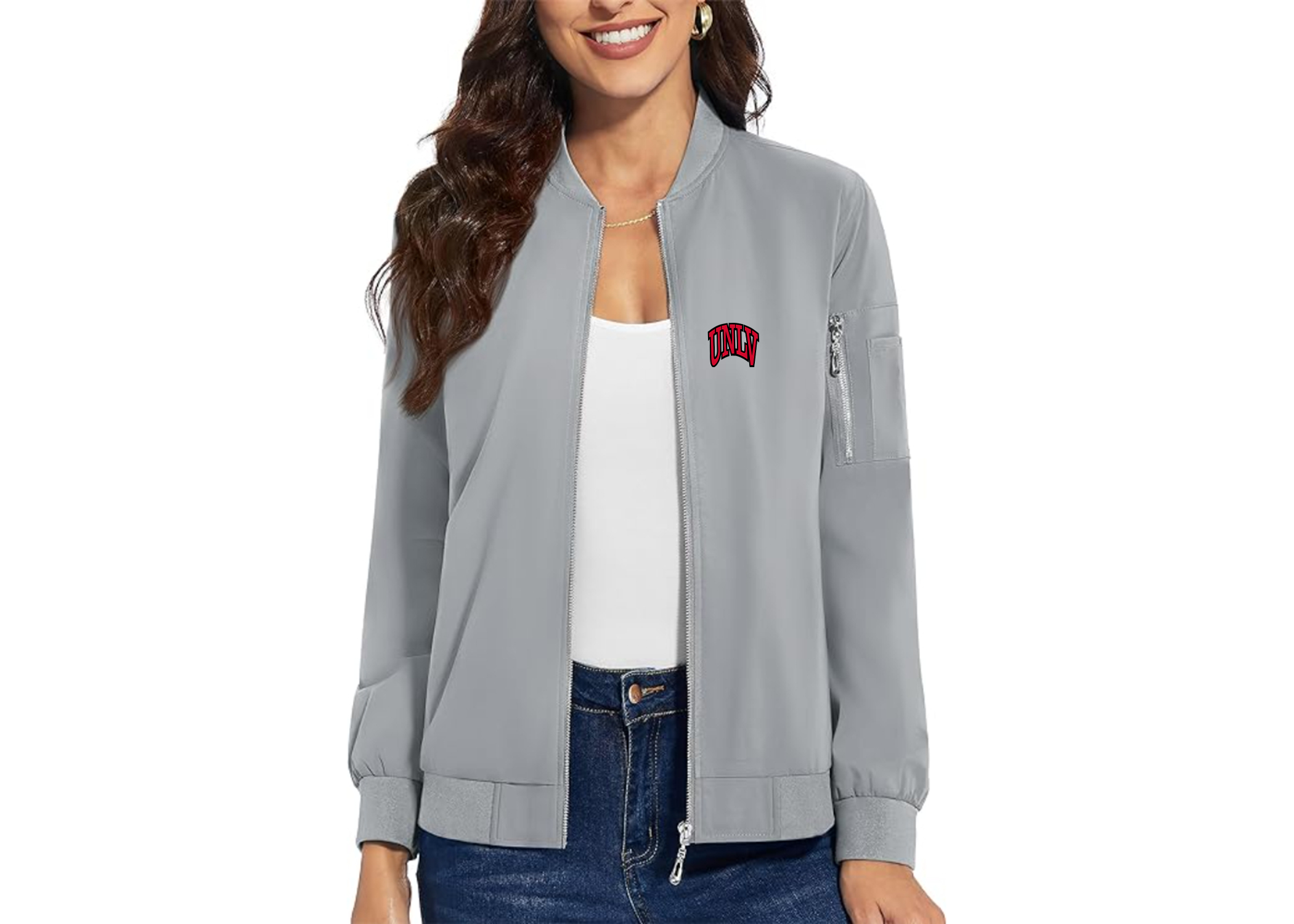 SweatRo Women's UNLV Rebels Premium Bomber Jacket with Polished Detailing and Functional Sleeve Pocket Modern Luxury Outerwear