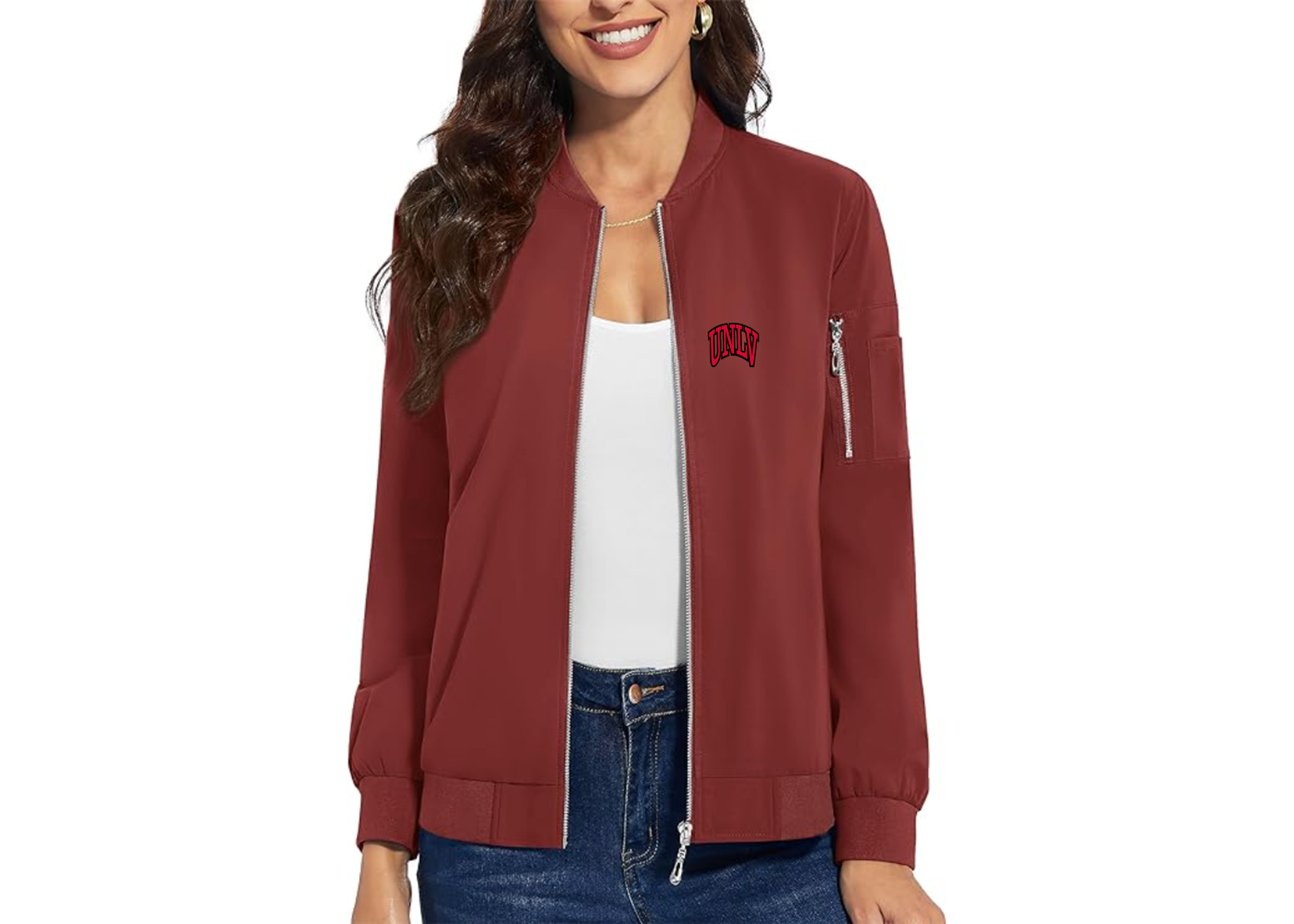 SweatRo Women's UNLV Rebels Premium Bomber Jacket with Polished Detailing and Functional Sleeve Pocket Modern Luxury Outerwear